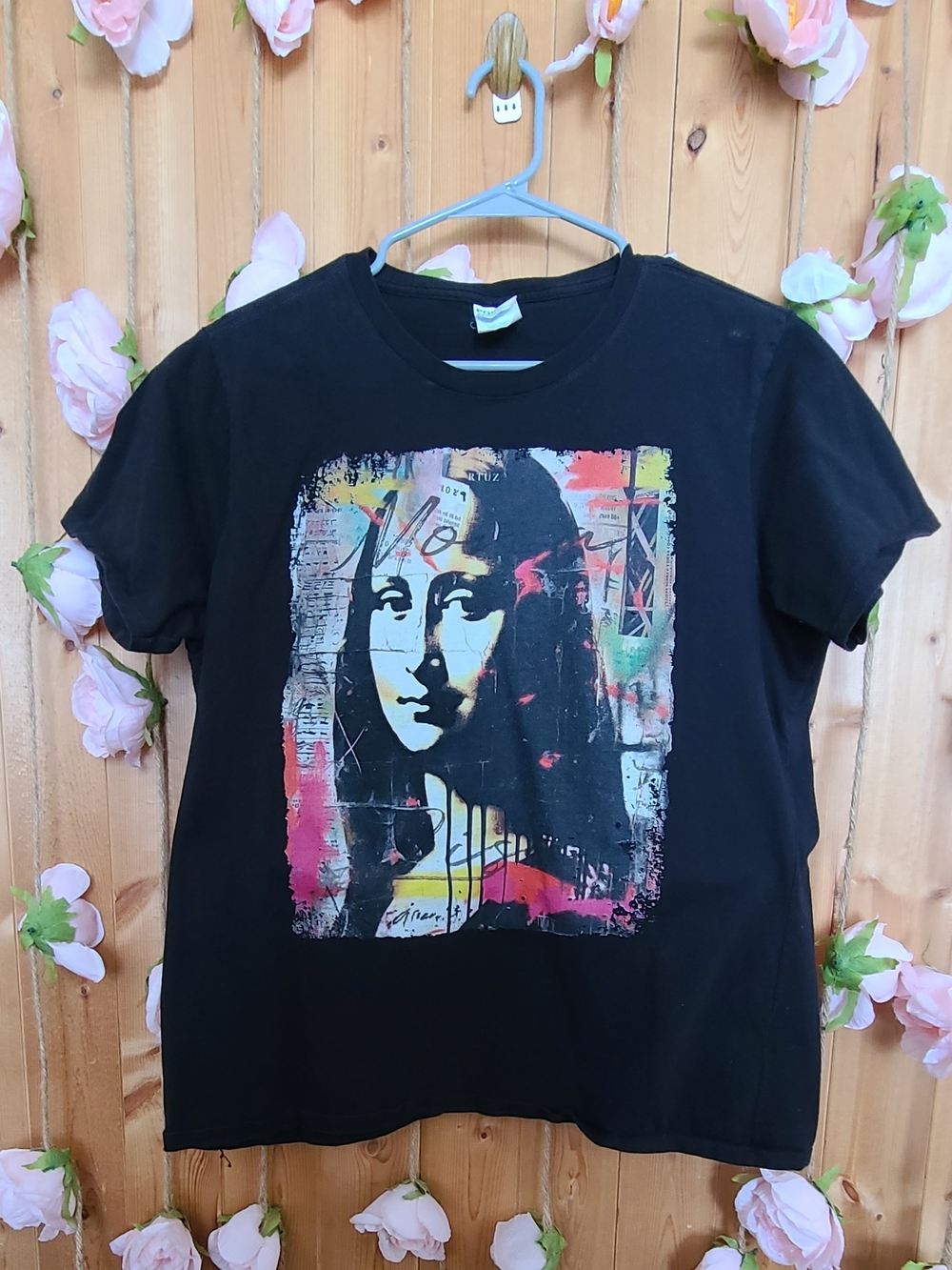 Black Graffiti Tee with Colorful Mona Lisa Print